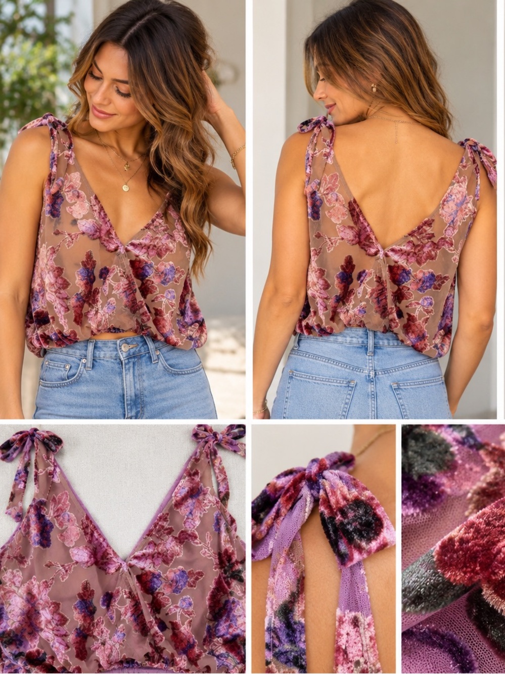 (#27) Free People Tied to You Floral Burnout Velvet Tank Sweet Combo S NWT